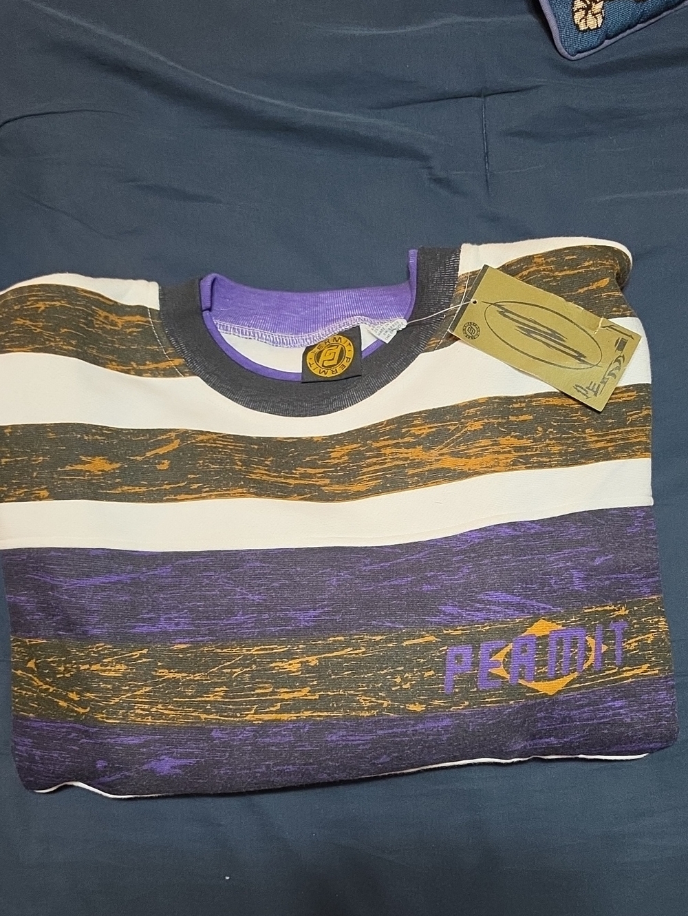 NWT-Striped Permit Crewneck Sweatshirt in Purple, Black & White